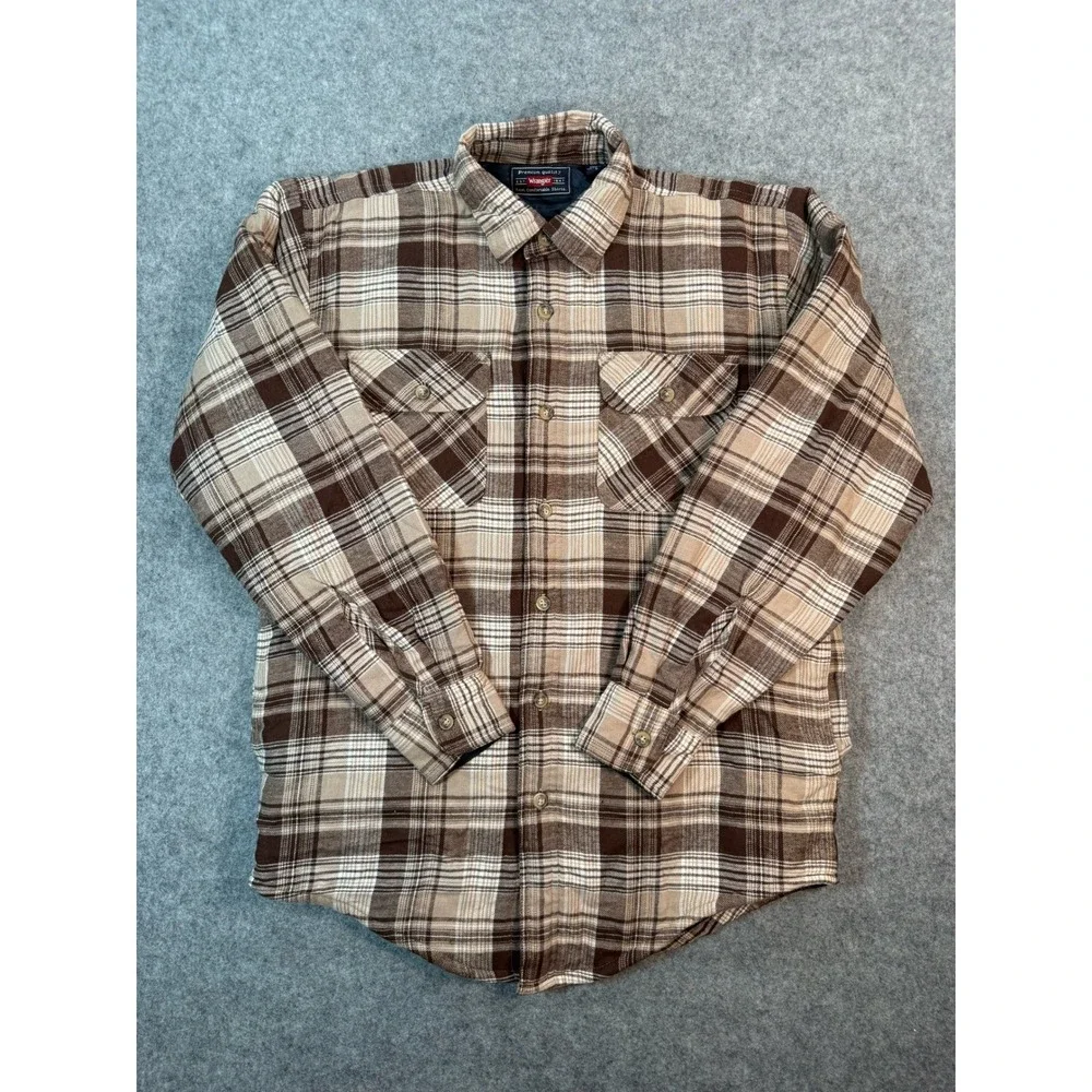 Wrangler Mens Brown Plaid Quilted Lined Flannel Shirt Jacket Size S Button Up